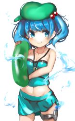 Rule 34 | 1860 (ichi), 1girl, :&gt;, arm under breasts, bare shoulders, blue eyes, blue hair, blue skirt, blush, breasts, bright pupils, cleavage, closed mouth, collarbone, commentary request, contrapposto, cowboy shot, crop top, cucumber, female focus, green hat, hair bobbles, hair ornament, hat, highres, holding, kawashiro nitori, key, legband, looking at viewer, medium breasts, midriff, navel, shorts, sideways hat, simple background, skirt, smile, solo, swimsuit, touhou, two side up, v-shaped eyebrows, white background, white pupils