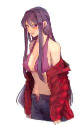 Rule 34 | 1girl, alternate costume, arms at sides, bikini, bikini under clothes, blue pants, breasts, cleavage, collarbone, cowboy shot, doki doki literature club, ears visible through hair, hair ornament, hairclip, jacket, jacket partially removed, large breasts, long hair, navel, open mouth, pants, pocket, purple bikini, purple eyes, purple hair, red jacket, sidelocks, simple background, smile, solo, sora (efr), standing, swimsuit, tsurime, unbuttoned pants, very long hair, white background, yuri (doki doki literature club)