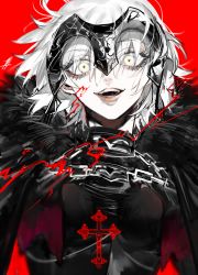 Rule 34 | 1girl, armor, au (d elete), chain, cloak, cross, eyes visible through hair, fate/grand order, fate (series), fur-trimmed cloak, fur trim, hair between eyes, jeanne d&#039;arc (fate), jeanne d&#039;arc alter (avenger) (fate), jeanne d&#039;arc alter (fate), open mouth, red background, signature, simple background, smile, solo, teeth, torn clothes, turtleneck, upper body, white hair, yellow eyes