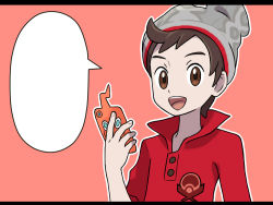 Rule 34 | 1boy, :d, asatsuki (fgfff), beanie, blank speech bubble, brown eyes, brown hair, cable knit, commentary request, creatures (company), game freak, gen 4 pokemon, grey headwear, hand up, hat, holding, holding phone, looking at viewer, male focus, nintendo, open mouth, outline, phone, pokemon, pokemon (creature), pokemon swsh, red shirt, rotom, rotom phone, shirt, sleeves rolled up, smile, speech bubble, teeth, template, tongue, upper body, upper teeth only, victor (pokemon)