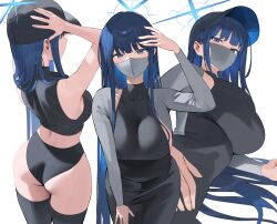 Rule 34 | 1girl, arm up, ass, bare shoulders, black dress, black headwear, black panties, black thighhighs, blue archive, blue eyes, blue hair, blue halo, breasts, covered mouth, dongtan dress, dress, halo, highres, hood (james x), large breasts, long hair, long sleeves, looking at viewer, mask, meme attire, mouth mask, multiple views, panties, saori (blue archive), simple background, thighhighs, thighs, underwear, white background
