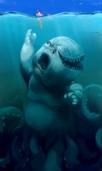 Rule 34 | 1girl, afloat, baby, blue sky, blue theme, day, extra mouth, highres, horror (theme), megame (okbnkn), original, outdoors, outstretched arm, sky, tentacles, underwater