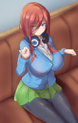 Rule 34 | 1girl, :o, blue cardigan, blue eyes, blush, breasts, cardigan, couch, eyes visible through hair, go-toubun no hanayome, green skirt, hair between eyes, hair over one eye, headphones, headphones around neck, j yak47, large breasts, long hair, long sleeves, looking at viewer, miniskirt, nakano miku, on couch, pantyhose, parted lips, paw pose, pleated skirt, shirt, sitting, skirt, solo, white shirt