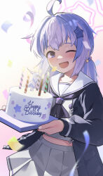 Rule 34 | 1girl, absurdres, ahoge, black jacket, black neckerchief, blue archive, blush, cake, commentary, english commentary, food, grey serafuku, grey skirt, hair ornament, halo, happy birthday, highres, holding, jacket, long hair, long sleeves, multicolored hair, neckerchief, one eye closed, open clothes, open jacket, open mouth, pink hair, pink halo, pleated skirt, purple eyes, reisa (blue archive), sailor collar, school uniform, serafuku, skirt, smile, solo, star (symbol), star hair ornament, twintails, ujuro, white sailor collar