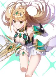 Rule 34 | .com (bot com1), 1girl, aegis sword (xenoblade), bare legs, bare shoulders, blonde hair, breasts, chest jewel, cleavage, cleavage cutout, clothing cutout, dress, earrings, elbow gloves, gloves, jewelry, large breasts, long hair, mythra (xenoblade), short dress, swept bangs, thigh strap, tiara, very long hair, white dress, white gloves, xenoblade chronicles (series), xenoblade chronicles 2, yellow eyes