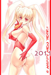 Rule 34 | 1girl, 2011, animal ears, ass, bare legs, blonde hair, breasts, cameltoe, carrot, covered erect nipples, fake animal ears, happy new year, highres, huge ass, huge breasts, impossible clothes, ishida hiroyuki, long hair, looking back, new year, one-piece thong, original, panties, partially visible vulva, playboy bunny, rabbit ears, rabbit tail, red eyes, solo, tail, thong, twintails, underwear, wedgie
