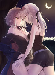 Rule 34 | 2girls, ahoge, artoria pendragon (all), artoria pendragon (fate), ass, bare shoulders, belt, black camisole, black dress, black ribbon, black shorts, blonde hair, blue coat, breasts, camisole, cleavage, closed mouth, coat, collarbone, couple, dress, fate/grand order, fate/stay night, fate (series), female focus, fur-trimmed coat, fur trim, gogatsu fukuin, hair between eyes, hair ribbon, hand on another&#039;s hip, highres, hip focus, jeanne d&#039;arc (fate), jeanne d&#039;arc alter (fate), jeanne d&#039;arc alter (ver. shinjuku 1999) (fate), large breasts, long hair, looking at another, medium breasts, moon, multiple girls, night, night sky, off shoulder, official alternate costume, open clothes, open coat, open dress, ponytail, ribbon, saber alter, saber alter (ver. shinjuku 1999) (fate), short hair, shorts, silver hair, sky, smile, standing, star (symbol), thighs, tree, type-moon, wicked dragon witch ver. shinjuku 1999, yellow eyes, yuri