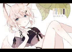 Rule 34 | 1girl, animal ears, arknights, bandeau, bare legs, bikini, black bandeau, black bikini, blonde hair, blue eyes, commentary, dated, feet out of frame, figmnts, flat chest, fox ears, fox girl, fox tail, hair ornament, hairclip, leaf, letterboxed, light blush, material growth, official alternate costume, oripathy lesion (arknights), parted lips, short hair, short twintails, solo, sussurro (arknights), sussurro (summer flower) (arknights), swimsuit, tail, twintails