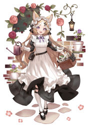 Rule 34 | 1girl, absurdres, animal ears, apron, basket, black dress, black footwear, breasts, brown hair, commentary request, commission, dress, flower, flower pot, highres, holding, holding basket, holding watering can, kneehighs, long dress, long hair, long sleeves, looking at viewer, maid apron, maid headdress, mary janes, metal yuki midare wappa, multicolored hair, neck ribbon, open mouth, original, pixiv commission, pouch, puffy sleeves, purple eyes, purple ribbon, ribbon, shoes, small breasts, socks, solo, standing, streaked hair, trowel, two-tone hair, watering can, white background, white hair, white socks