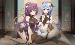 Rule 34 | 2girls, absurdres, ahoge, alternate costume, bare shoulders, bent over, black pantyhose, blue hair, breasts, china dress, chinese clothes, cleavage, covered navel, dress, elbow gloves, feet, flower, ganyu (genshin impact), genshin impact, gloves, hair flower, hair ornament, hand on another&#039;s face, highres, horns, indoors, keqing (genshin impact), kneeling, long hair, looking at viewer, lxy122, medium breasts, multiple girls, no shoes, pantyhose, parted lips, purple eyes, qingxin flower, sidelocks, sitting, smile, soles, tassel, thighs, white flower, white legwear