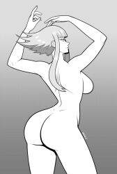 Rule 34 | 1girl, arms up, ass, back, breasts, completely nude, deadmann, dimples of venus, from behind, greyscale, highres, large breasts, manon legrand, monochrome, nude, short hair with long locks, sidelocks, solo, street fighter, street fighter 6
