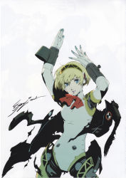 Rule 34 | 1girl, absurdres, aegis (persona), android, atlus, blonde hair, blue eyes, bow, highres, jacket, joints, official art, persona, persona 3, ribbon, robot joints, scan, short hair, soejima shigenori, solo, torn clothes