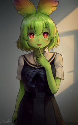 Rule 34 | 1girl, :d, absurdres, alternate costume, belt, black skirt, blush, cellval, colored skin, commentary, finger to mouth, green hair, green skin, hair between eyes, highres, indoors, kemono friends, light particles, looking at viewer, open mouth, plaid neckwear, pleated skirt, red eyes, school uniform, short hair, short sleeves, signature, skirt, smile, solo, welt (kinsei koutenkyoku)