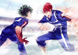 Rule 34 | 10s, 2boys, battle, boku no hero academia, bruise, fire, green hair, highres, ice, injury, jacket, looking at another, male focus, midoriya izuku, multicolored hair, multiple boys, pants, red hair, reiquil, sideburns, smile, stadium, sweat, todoroki shouto, track and field, track jacket, track pants, wavy hair, white hair