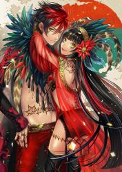 Rule 34 | 1boy, 1girl, armlet, belt, black hair, black nails, black thighhighs, chinese zodiac, earrings, feather hair ornament, feather trim, feathers, flower, garter straps, groin, hair flower, hair ornament, headdress, jacket, jewelry, lipstick, long hair, looking at viewer, makeup, matsurika youko, multicolored hair, nail polish, navel, necklace, new year, open clothes, open jacket, original, pants, red hair, red pants, see-through, smile, stud earrings, tattoo, thighhighs, two-tone hair, very long hair, year of the rooster, yellow eyes