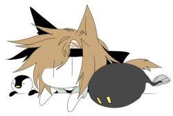 Rule 34 | 1other, androgynous, animal ears, black footwear, brown hair, colored skin, commentary, dog ears, dog tail, english commentary, green shirt, kemonomimi mode, kurohebi, len&#039;en, ling s, lowres, no mouth, no nose, open clothes, open shirt, other focus, shirt, short hair, short sleeves, simple background, solo, tail, white background, white skin