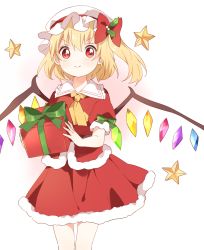 Rule 34 | 1girl, :&gt;, adapted costume, blonde hair, christmas, crystal, feet out of frame, flandre scarlet, fur trim, gift, hat, holding, holding gift, looking at viewer, mob cap, one side up, red eyes, sasaki sakiko, short hair, simple background, solo, touhou, v-shaped eyebrows, white background, white hat, wings