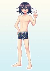 Rule 34 | 1boy, :d, barefoot, blue eyes, cheer (cheerpuppy14), collarbone, danganronpa (series), danganronpa v3: killing harmony, full body, grey background, hair between eyes, hand on own hip, highres, looking at viewer, male focus, male underwear, navel, oma kokichi, open mouth, short hair, simple background, smile, standing, swag, underwear, underwear only, v