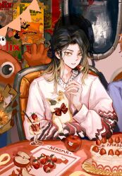 Rule 34 | 1boy, animal, apple, arm on table, birthday, birthday cake, bishounen, black hair, blonde hair, brown eyes, cake, calico, cat, eating, elbow on table, eyelashes, fingernails, food, fruit, garland (decoration), glass, gradient hair, haikyuu!!, hair bun, highres, holding, holding animal, holding cat, ice cream, if they mated, indoors, jewelry, long hair, long sleeves, looking at viewer, male focus, multicolored hair, on chair, parted lips, pink lips, poster (object), puffy long sleeves, puffy sleeves, ring, single hair bun, sitting, solo focus, spoon, strawberry, sundae, sweater, teeth, tuuuuuututu, upper body, white sweater