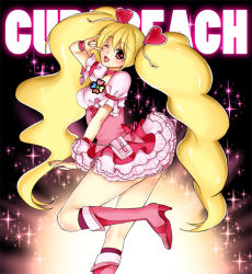 Rule 34 | 00s, 1girl, \m/, blonde hair, boots, bow, choker, cure peach, earrings, fresh precure!, frills, hair ornament, heart, heart hair ornament, jewelry, knee boots, long hair, magical girl, momozono love, one eye closed, pink bow, pink eyes, pink footwear, precure, solo, twintails, wink, yamada ichizoku
