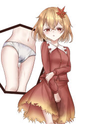Rule 34 | 1girl, absurdres, aki shizuha, blonde hair, blush, breasts, buttons, cameltoe, clenched hand, commission, crossed bangs, embarrassed, female focus, hair between eyes, hair ornament, half-closed eyes, have to pee, highres, holding own arm, leaf hair ornament, long sleeves, looking at viewer, miniskirt, multiple views, navel, open mouth, panties, pee, peeing, peeing self, red eyes, red shirt, red skirt, shirt, short hair, sidelocks, skeb commission, skirt, small breasts, standing, stomach, tears, textless version, thighs, touhou, tsubakipan, underwear, wet, wet clothes, wet panties, wet skirt, white background, white panties