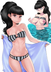 Rule 34 | 1girl, bikini, bikini top lift, black hair, blunt bangs, breasts, clothes lift, commentary request, commission, copyright request, cowboy shot, highres, large breasts, long hair, looking at viewer, navel, nipples, ponytail, red eyes, rggr, shadow, skeb commission, smile, solo, striped bikini, striped clothes, swimsuit, towel, underboob, white background