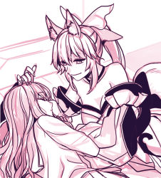 Rule 34 | 10s, 2girls, animal ear fluff, animal ears, bare shoulders, bow, breasts, cleavage, detached sleeves, fate/extra, fate (series), fox ears, hair bow, hooreng, kishinami hakuno (female), long hair, long sleeves, looking at another, monochrome, multiple girls, sketch, sleeping, smile, tamamo (fate), tamamo no mae (fate/extra), upper body, yuri