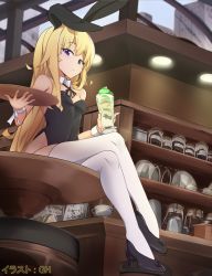 Rule 34 | 1girl, animal ears, bad id, bad pixiv id, bar (place), bare shoulders, black leotard, black ribbon, blonde hair, blue eyes, breasts, closed mouth, coffee pot, commission, covered navel, crossed legs, cup, day, detached collar, drinking glass, fake animal ears, food, gabriel dropout, gabriel tenma white, gero-gh, high heels, highleg, highleg leotard, holding, holding tray, ice cream, indoors, jar, leotard, light, long hair, looking at viewer, neck ribbon, on table, playboy bunny, rabbit ears, rabbit girl, ribbon, sandwich, sandwiched, shelf, sign, sitting, small breasts, solo, strapless, strapless leotard, table, thighhighs, tray, very long hair, white thighhighs, wrist cuffs