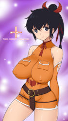 Rule 34 | 00s, 1girl, bare shoulders, belt, belt skirt, black hair, blue eyes, blush, breast pocket, breasts, copyright name, covered erect nipples, cowboy shot, detached sleeves, final fantasy, final fantasy unlimited, impossible clothes, large areolae, large breasts, lisa pacifist, long hair, onomeshin, pocket, ponytail, puffy nipples, skin tight, solo