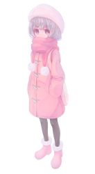 Rule 34 | 1girl, ankle boots, bad id, bad pixiv id, bag, black pantyhose, blush stickers, boots, buttons, coat, commentary request, duffel coat, enpera, eyebrows, eyelashes, full body, fur-trimmed boots, fur trim, gradient eyes, hat, light purple hair, long sleeves, looking at viewer, multicolored eyes, original, pantyhose, pastel colors, pink coat, pink eyes, pink footwear, pink hat, pink scarf, pom pom (clothes), ptnc17, purple eyes, scarf, shoulder bag, simple background, solo, standing, tareme, white background