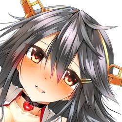 Rule 34 | 10s, 1girl, :d, bad id, bad nicoseiga id, brown eyes, choker, close-up, dutch angle, grey hair, hair ornament, hairband, hairclip, haruna (kancolle), kantai collection, long hair, looking at viewer, nontraditional miko, open mouth, simple background, smile, solo, tsukui kachou, white background