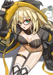Rule 34 | 1girl, :o, absurdres, aesc (9th anniversary) (fate), aesc (fate), ahoge, belt, belt buckle, bikini, bikini top only, black bikini, black bow, black gloves, black hat, black jacket, bow, braided twintails, breasts, buckle, cleavage, commentary request, fate/grand order, fate (series), glasses, gloves, hair between eyes, hair bow, hat, highres, hiyoko no tamago, jacket, long hair, long sleeves, looking at viewer, medium breasts, micro shorts, midriff, navel, official alternate costume, open clothes, open jacket, red-framed eyewear, shadow, shorts, simple background, sitting, solo, stomach, swimsuit, twintails, very long hair, white background, white shorts, witch hat, yellow belt