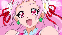 Rule 34 | 1girl, :d, anime coloring, bare shoulders, blurry, blurry background, cure yell, damascus (dearigazu2001), earrings, floating hair, flower, hair flower, hair ornament, hair ribbon, hugtto! precure, jewelry, long hair, looking at viewer, nono hana, open mouth, pink background, pink hair, portrait, precure, red eyes, red ribbon, ribbon, smile, solo, white flower