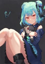 Rule 34 | 1girl, arigiep, blush, bug, butterfly, detached sleeves, double bun, dress, green hair, hair bun, hair ornament, highres, hololive, hololive fantasy, insect, looking at viewer, open mouth, red eyes, short hair, skull collar, skull hair ornament, smile, solo, stuffed toy, uruha rushia, uruha rushia (1st costume), virtual youtuber