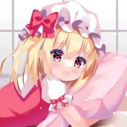 Rule 34 | 1girl, :o, blonde hair, dot nose, fengshen chino, flandre scarlet, hat, holding, hugging object, mob cap, pillow, pillow hug, red eyes, ribbon, solo, tagme, touhou, white hat