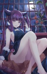 Rule 34 | 1girl, absurdres, ass, bare shoulders, black dress, blue eyes, blunt bangs, breasts, commentary request, dress, fate/grand order, fate (series), flower, hair ornament, highres, indoors, long hair, looking at viewer, medium breasts, moon, night, no panties, purple hair, red flower, sitting, slime (user jpds8754), solo, twintails, very long hair, window, yang guifei (fate), yang guifei (second ascension) (fate)