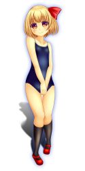 Rule 34 | 1girl, blonde hair, competition school swimsuit, gradient background, highres, one-piece swimsuit, red eyes, rumia, school swimsuit, short hair, shounen (hogehoge), socks, solo, standing, swimsuit, tears, touhou