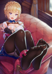Rule 34 | 1girl, :d, ass, black gloves, blonde hair, blue eyes, blurry, braid, breasts, brown pantyhose, chair, cleavage, commentary request, crotch seam, crown braid, depth of field, feet, fingerless gloves, foreshortening, gloves, grey panties, indoors, kibanda gohan, large breasts, legs up, looking at viewer, mole, mole under mouth, no shoes, open mouth, original, panties, panties under pantyhose, pantyhose, red ribbon, restrained, ribbon, shirt, short hair, sitting, smile, solo, sweat, underwear, white shirt, window