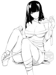 Rule 34 | 1girl, bandages, bare shoulders, black eyes, black hair, blunt bangs, breasts, cleavage, commentary, english commentary, eyebrows, greyscale, halloween, highres, jack-o&#039;-lantern, long hair, looking to the side, lynus, monochrome, naoko (lynus), open mouth, original, simple background, solo, white background