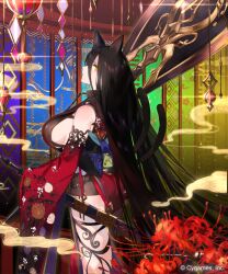 Rule 34 | 1girl, animal ears, architecture, ass, axe, bare legs, black hair, breasts, cat ears, cat girl, cat tail, chain, choker, cowboy shot, decorations, detached sleeves, east asian architecture, floral print, from side, halberd, holding, holding axe, huge breasts, indoors, japanese clothes, kimono, lantern, large breasts, long hair, looking at viewer, obi, official art, parted lips, polearm, print kimono, red kimono, sash, scabbard, shadowverse, sheath, short kimono, sideboob, single bare shoulder, smoke, solo, straight hair, sword, tail, tevali (shadowverse), weapon, wide sleeves, yellow eyes, yuuhi homare