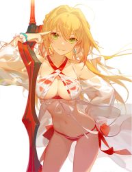 Rule 34 | 1girl, ahoge, ask (askzy), bikini, blonde hair, bracelet, braid, breasts, earrings, fate/grand order, fate (series), green eyes, hair between eyes, hair intakes, halterneck, jewelry, looking at viewer, navel, nero claudius (fate), nero claudius (fate) (all), nero claudius (swimsuit caster) (fate), nero claudius (swimsuit caster) (third ascension) (fate), see-through, side-tie bikini bottom, simple background, solo, striped bikini, striped clothes, swimsuit, sword, thighs, weapon, white background