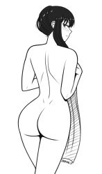 Rule 34 | 1girl, armpits, ass, back, barefoot, black hair, blush, breasts, clenched hands, unworn clothes, collarbone, completely nude, covering privates, covering breasts, curvy, dimples of venus, embarrassed, eyelashes, female focus, from behind, hands up, highres, holding, holding towel, huge ass, large breasts, legs, long hair, looking back, mature female, monochrome, neck, nude, profile, red eyes, short hair with long locks, shoulder blades, sidelocks, simple background, spy x family, standing, thighs, towel, walkingdeadmann, white background, yor briar