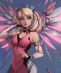 Rule 34 | 1girl, absurdres, bad id, bad tumblr id, bare shoulders, blonde hair, blue eyes, commentary, dress, earrings, elbow gloves, english commentary, gloves, hair ribbon, halo, halterneck, highres, jewelry, long hair, looking at viewer, matilda fiship, mechanical halo, mechanical wings, mercy (overwatch), nail polish, official alternate costume, overwatch, overwatch 1, parted lips, pink dress, pink lips, pink mercy, pink nails, pink ribbon, ribbon, signature, solo, twintails, wings