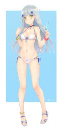 Rule 34 | 1girl, anklet, bare shoulders, bikini, blue hair, blush, braid, breasts, brooch, character name, choker, cleavage, collarbone, dan (kumadan), food, front-tie bikini top, front-tie top, full body, girls&#039; frontline, gluteal fold, green eyes, halterneck, hands up, hk416 (girls&#039; frontline), holding, holding food, jewelry, light smile, long hair, looking at viewer, medium breasts, nail polish, navel, parted lips, popsicle, sandals, scrunchie, side-tie bikini bottom, side braid, signature, solo, standing, string bikini, swimsuit, toenail polish, toenails, white bikini, wrist scrunchie, wristband