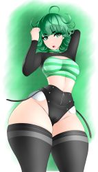 Rule 34 | 1girl, absurdres, black shorts, black thighhighs, blush, breasts, cleavage, cowboy shot, crop top, curly hair, gradient background, green background, green eyes, green hair, highres, long sleeves, matching hair/eyes, medium breasts, midriff, one-punch man, open mouth, short hair, shorts, solo, standing, tatsumaki, teeth, thethighmessiah, thick thighs, thighhighs, thighs, upper teeth only, white background, wide hips