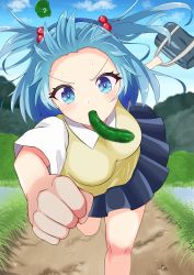 Rule 34 | 1girl, alternate costume, blue eyes, blue hair, blue skirt, blush, breasts, briefcase, clenched hand, collared shirt, cucumber, food in mouth, forehead, grass, green hat, hair bobbles, hair ornament, hat, highres, holding, holding briefcase, ino cent, kawashiro nitori, knees, large breasts, looking at viewer, mouth hold, nervous sweating, path, pleated skirt, road, running, school briefcase, school uniform, shirt, short hair, skirt, solo, sweat, sweatdrop, sweater vest, thighs, touhou, two side up, v-shaped eyebrows, white shirt, wing collar, yellow sweater vest