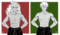 Rule 34 | 2boys, abs, closed mouth, colored tips, commentary request, comparison, cowboy shot, cross scar, forked eyebrows, frown, green background, greyscale with colored background, hands in pockets, kimetsu no yaiba, looking at viewer, male focus, medium hair, monochrome, multicolored hair, multiple boys, navel, nipples, red background, rengoku kyoujurou, ribs, scar, scar on arm, scar on chest, scar on face, scar on forehead, scar on nose, shinazugawa sanemi, short hair, straight-on, streaked hair, taco kimeota, toned, toned male, topless male