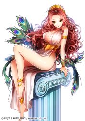 Rule 34 | 1girl, anklet, armlet, bare legs, bare shoulders, barefoot, breasts, cleavage, column, curly hair, dress, fantasy, female focus, greek mythology, green eyes, hera (mythology), hera (p&amp;d), jewelry, large breasts, long hair, looking at viewer, no panties, no pants, official art, open mouth, original, peacock feathers, pillar, puzzle &amp; dragons, red hair, sid story, sila (carpen), sitting, solo, tiara, wavy hair