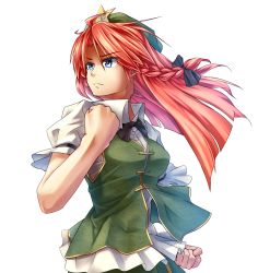 Rule 34 | 1girl, blue eyes, bow, braid, breasts, bright pupils, chinese clothes, clenched hand, clenched hands, collared shirt, dress shirt, fighting stance, hat, highres, hong meiling, large breasts, long hair, neck ribbon, puffy short sleeves, puffy sleeves, red hair, ribbon, serious, shiratsuki shiori, shirt, short sleeves, solo, star (symbol), touhou, transparent background, twin braids, white background