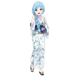 Rule 34 | 1girl, blue eyes, blue hair, braid, character request, eyebrows, floral print, full body, highres, japanese clothes, kimono, light blue hair, long hair, long sleeves, looking at viewer, low-tied long hair, no socks, obi, official art, open mouth, pouch, round teeth, sandals, sash, simple background, single braid, solo, standing, swept bangs, teeth, thick eyebrows, white background, youkai hyakki-tan!, zouri